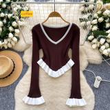 Striped knit ruffle hem flared sleeves for outerwear base top