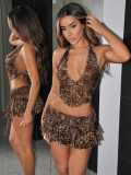 Low-waisted leopard print backless vest and skirt set
