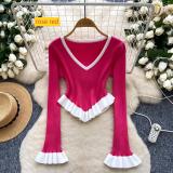 Striped knit ruffle hem flared sleeves for outerwear base top