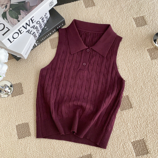 Polo collar sleeveless knit top solid color vest