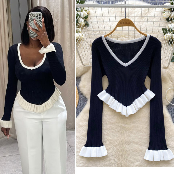 Striped knit ruffle hem flared sleeves for outerwear base top