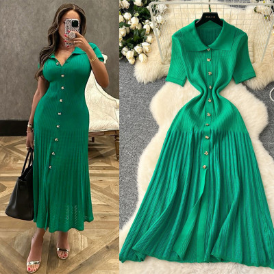 Elastic single breasted knitted long skirt