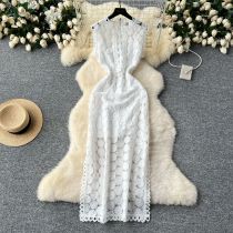 Mesh hollow hook flower slit long skirt