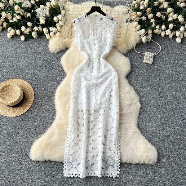 Mesh hollow hook flower slit long skirt