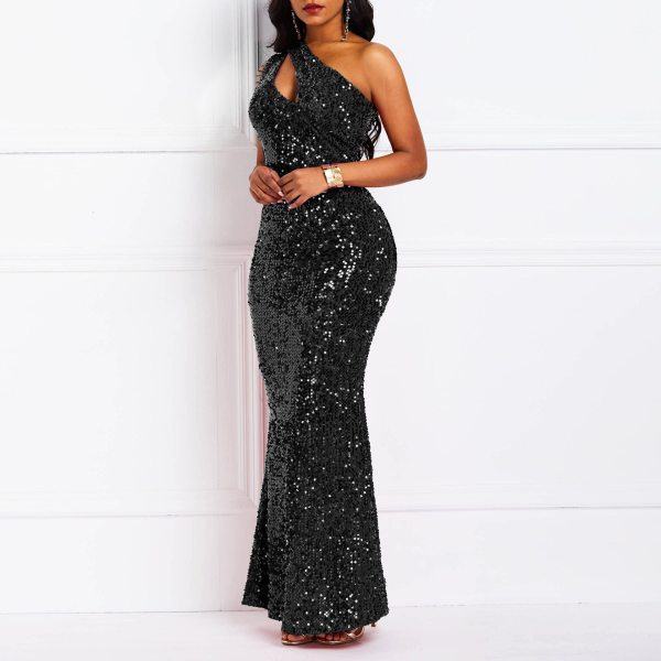 Pearl sequin single shoulder backless fish tail dress