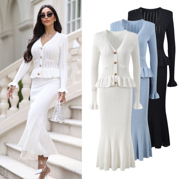Metal buckle waist knitted long sleeved skirt