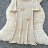 Three dimensional flower V-neck long sleeved dress