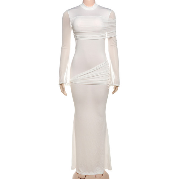Mesh patchwork long sleeved high waisted dress