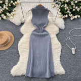 Collar zipper sleeveless dress, mid length over knee knit skirt