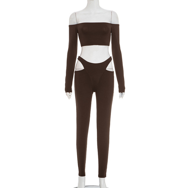 One collar off shoulder short top, high waisted hollowed out pants set