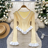 Striped knit ruffle hem flared sleeves for outerwear base top