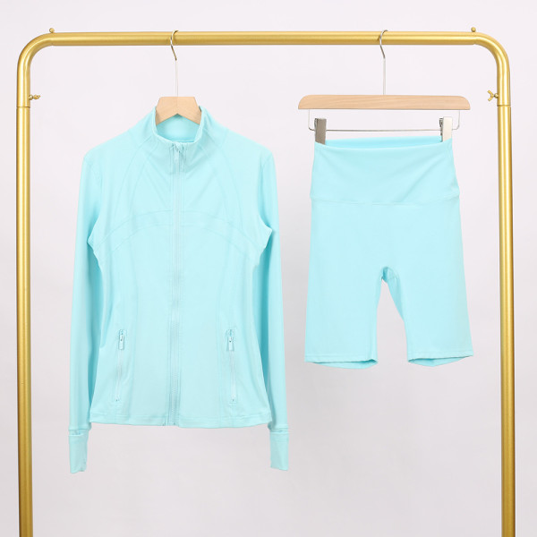 Slim fit elastic quick drying stand up collar jacket, cropped pants, yoga clothes, fitness suit