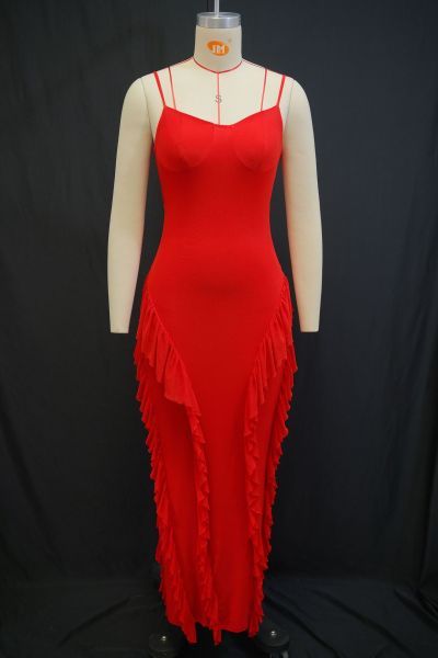 Strap waist cinched ruffle edge wrapped hip dress