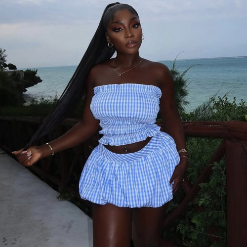 Waist striped strapless top and puffy skirt set