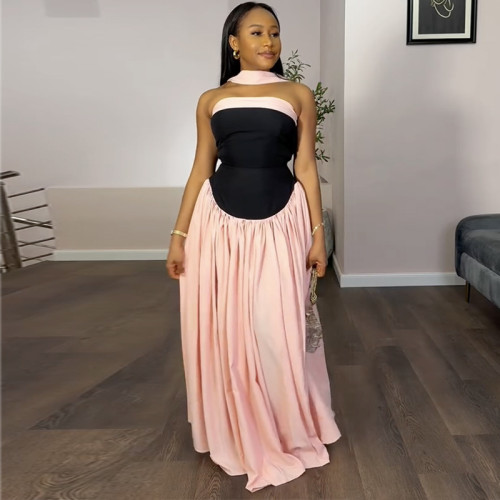 Strapless color blocked low waist pleated long dress