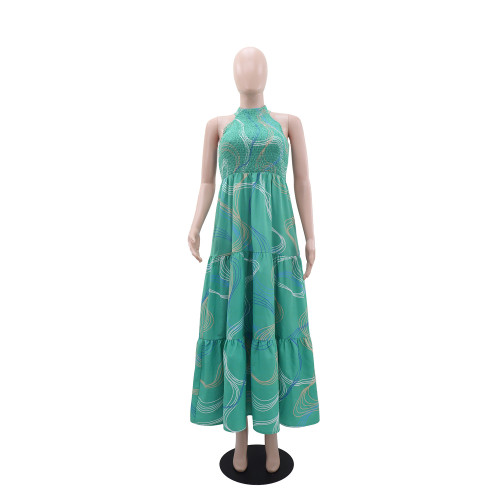 Hanging neck printed sleeveless A-line dress