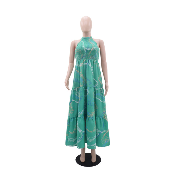 Hanging neck printed sleeveless A-line dress