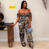 Printed oil painting pattern strap drawstring multi pocket pants set