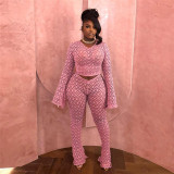 Lace hole perspective exposed navel waist long sleeved pants set