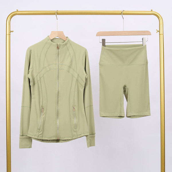 Golden zipper Slim fit elastic jacket, cropped pants, yoga fitness suit