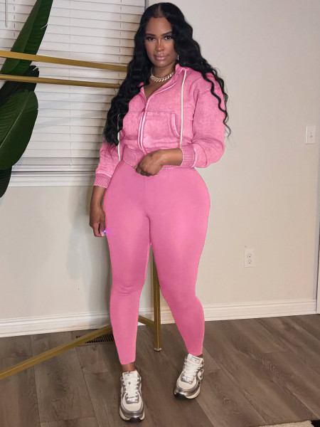Washed Zipper Hooded Velvet Top Yoga Pants Sports Two Piece Set