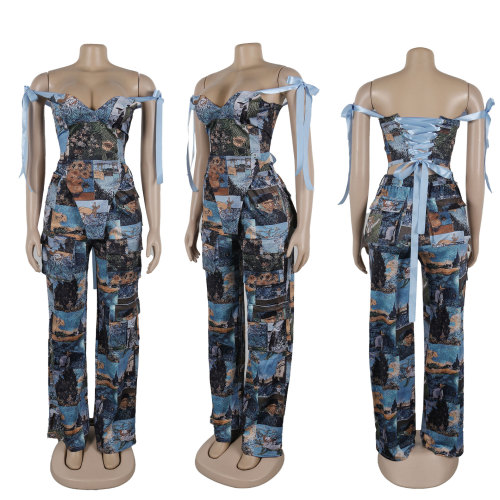 Printed oil painting pattern strap drawstring multi pocket pants set