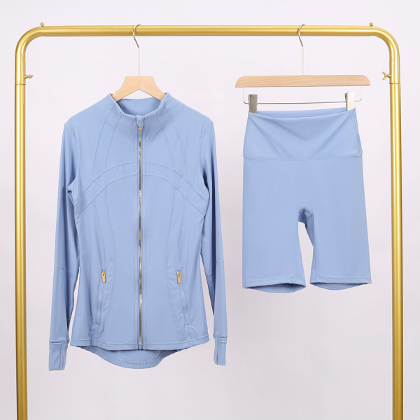 Golden zipper Slim fit elastic jacket, cropped pants, yoga fitness suit