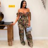 Printed oil painting pattern strap drawstring multi pocket pants set