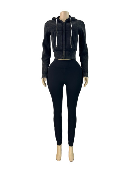 Washed Zipper Hooded Velvet Top Yoga Pants Sports Two Piece Set