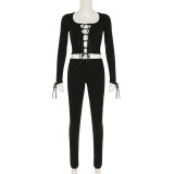 Long-sleeved bow-tied openwork belly-baring top + pants two-piece set