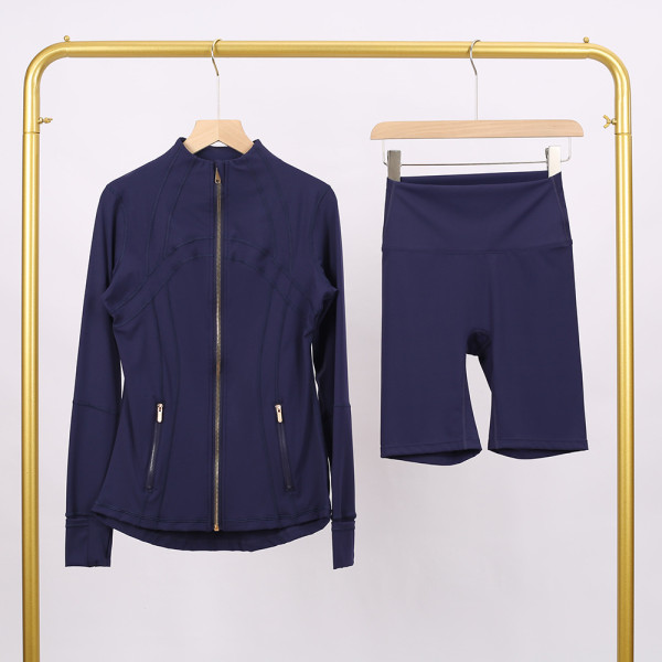 Golden zipper Slim fit elastic jacket, cropped pants, yoga fitness suit