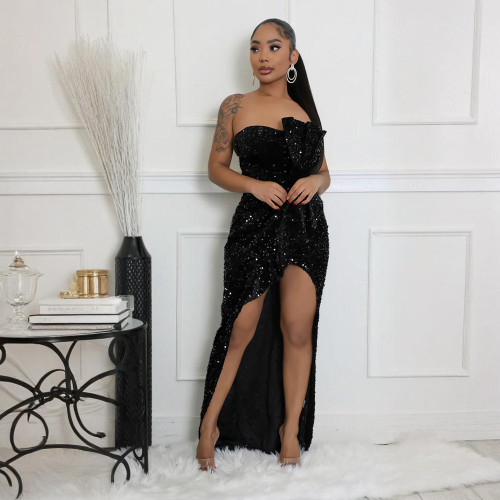 Strapless irregular dress with trailing long skirt