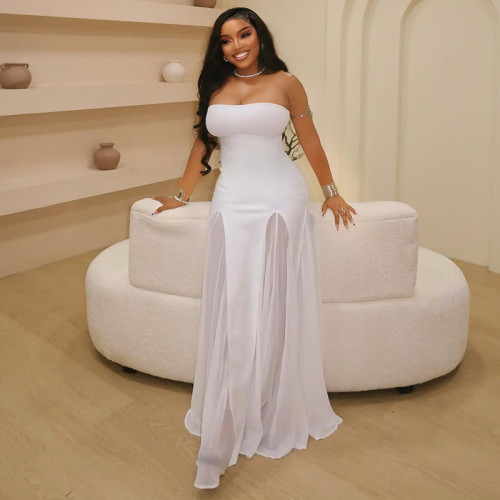 Perspective strapless A-line skirt with a single neckline solid color dress