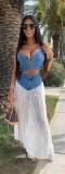 Strap V-neck vest pleated denim chiffon pants set