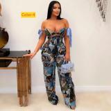 Printed oil painting pattern strap drawstring multi pocket pants set