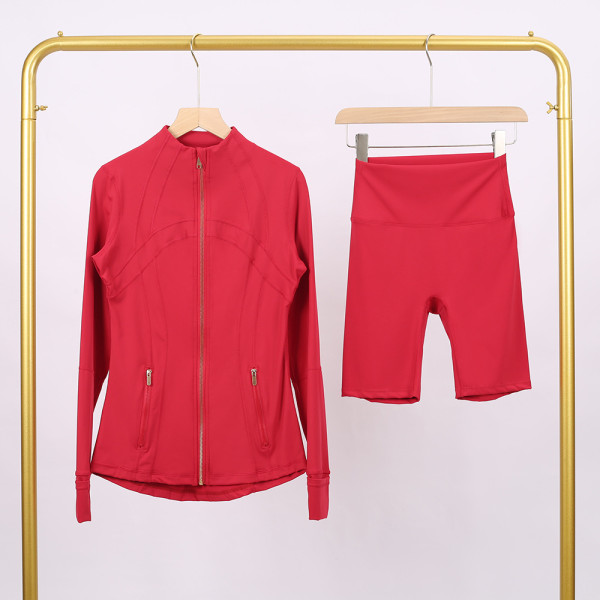 Golden zipper Slim fit elastic jacket, cropped pants, yoga fitness suit