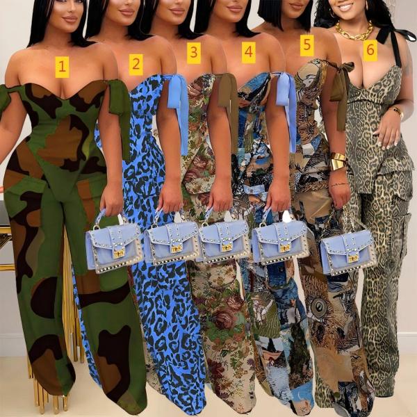 Printed oil painting pattern strap drawstring multi pocket pants set