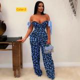 Printed oil painting pattern strap drawstring multi pocket pants set