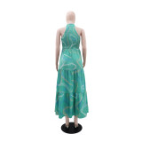 Hanging neck printed sleeveless A-line dress
