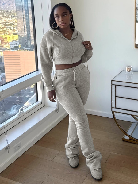 Velvet hoodie hooded cardigan stacked micro flared pants two-piece set