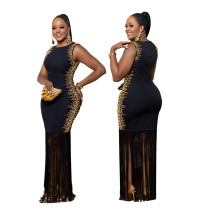 Hot stamping round neck sleeveless fringe skirt long skirt