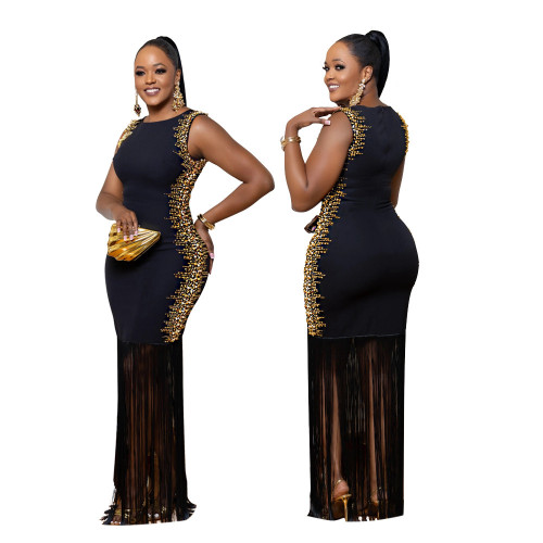 Hot stamping round neck sleeveless fringe skirt long skirt