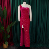 Slanted shoulder slit long skirt with sequins