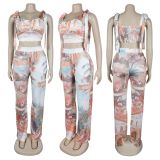 Printed pleated camisole top, wide leg pants two-piece set