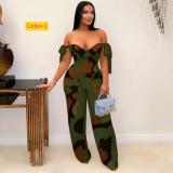 Printed oil painting pattern strap drawstring multi pocket pants set