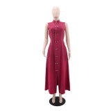 Sleeveless button cinched A-line long skirt
