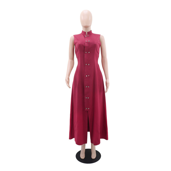 Sleeveless button cinched A-line long skirt