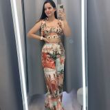 Printed pleated camisole top, wide leg pants two-piece set