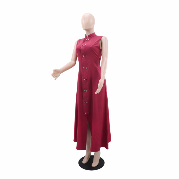 Sleeveless button cinched A-line long skirt