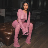 Lace hole perspective exposed navel waist long sleeved pants set